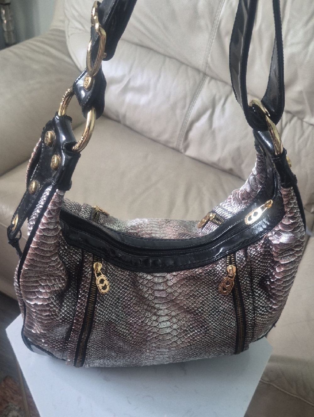 Marino Orlandi Black and Taupe Snake-Embossed Hobo - Picture 11 of 11